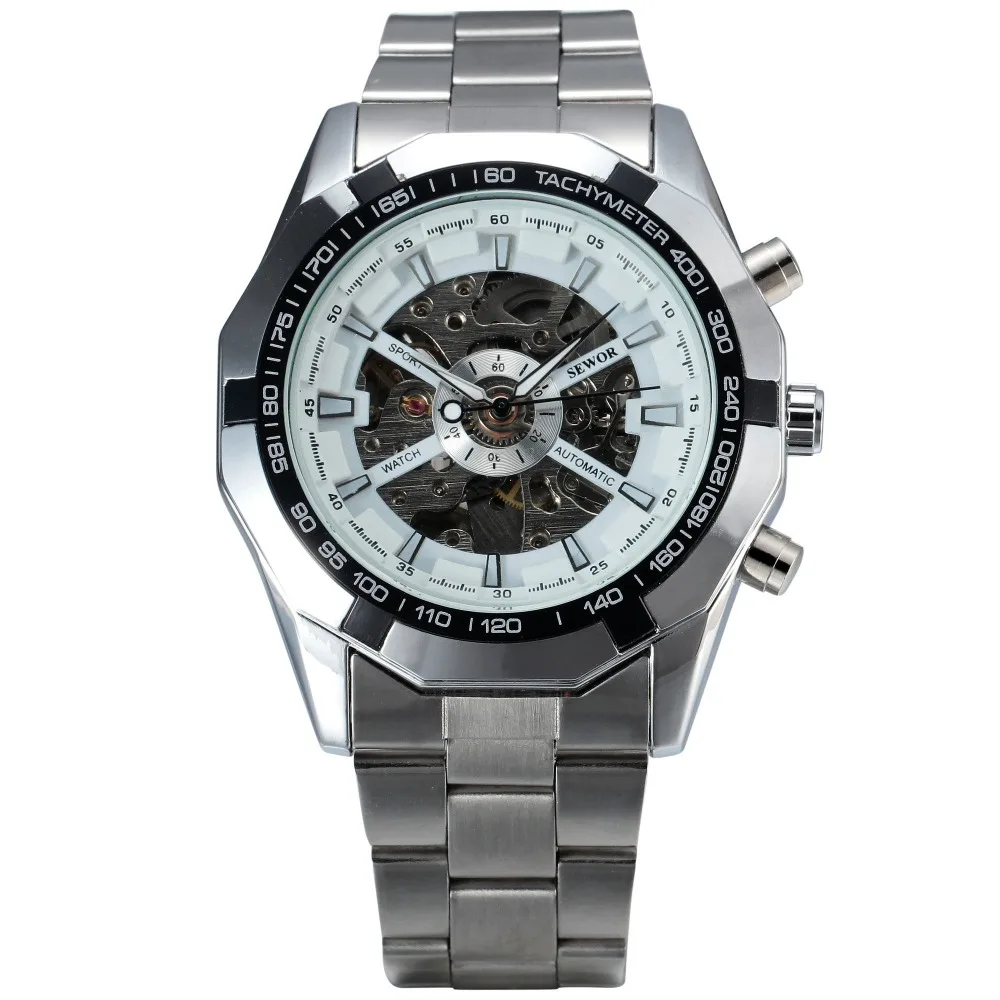 SEWOR спортивные дизайнерские механические часы с скелетом мужские из нержавеющей