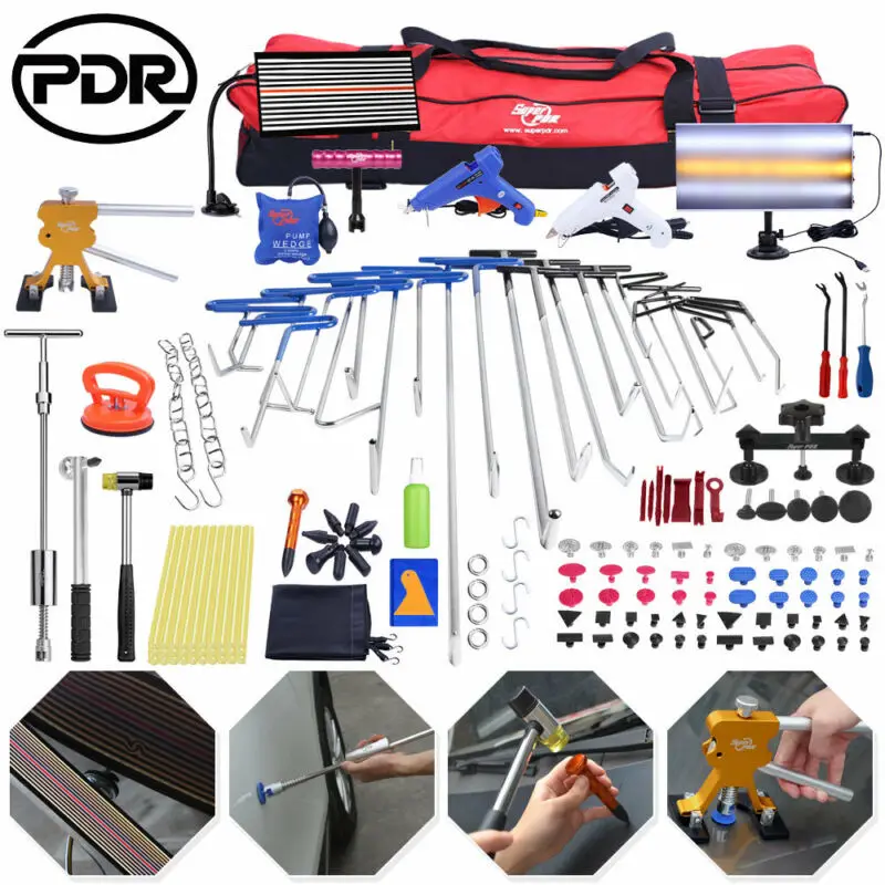 للبيع أدوات إصلاح انبعاجات PDR ، قضبان إزالة الانبعاج بدون طلاء ، مصباح LED ، لوحة عاكس ، رافع ، مطرقة عكسية ، مجموعة ساق دفع PDR