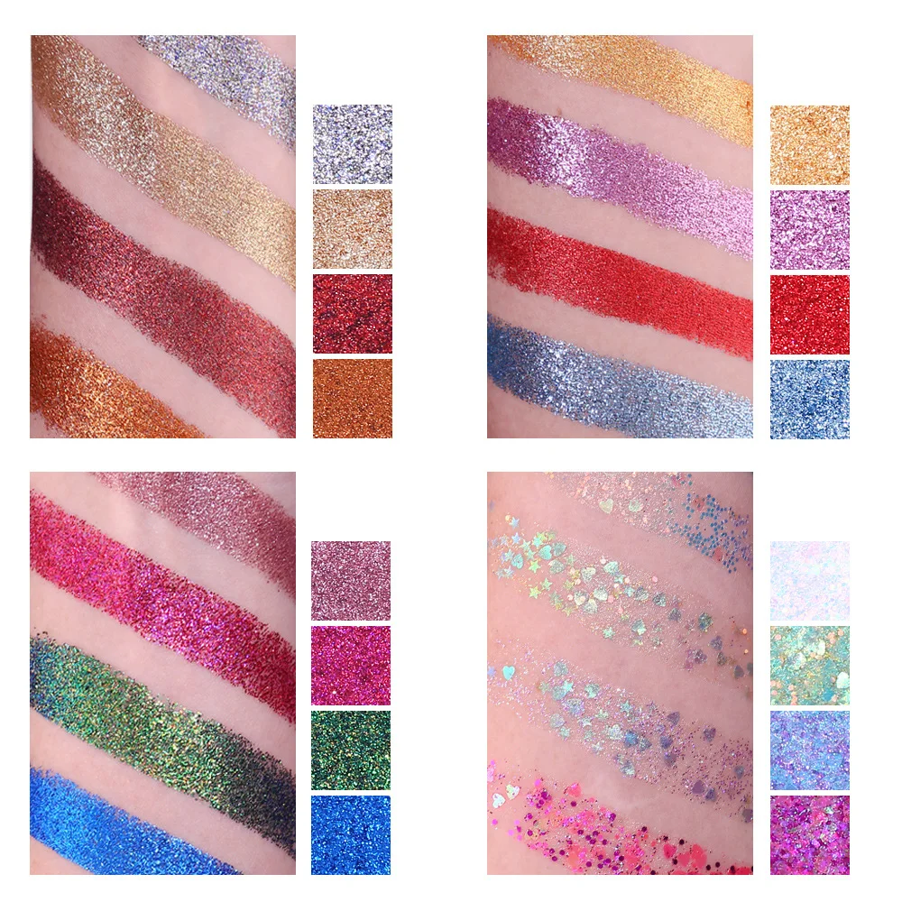 16 Color Glitter Eyeshadow Palette 4 Chunky Gel Glitter 12 Pressed Shimmer Eye Shadows Long Lasting Face Body Glitter Powder