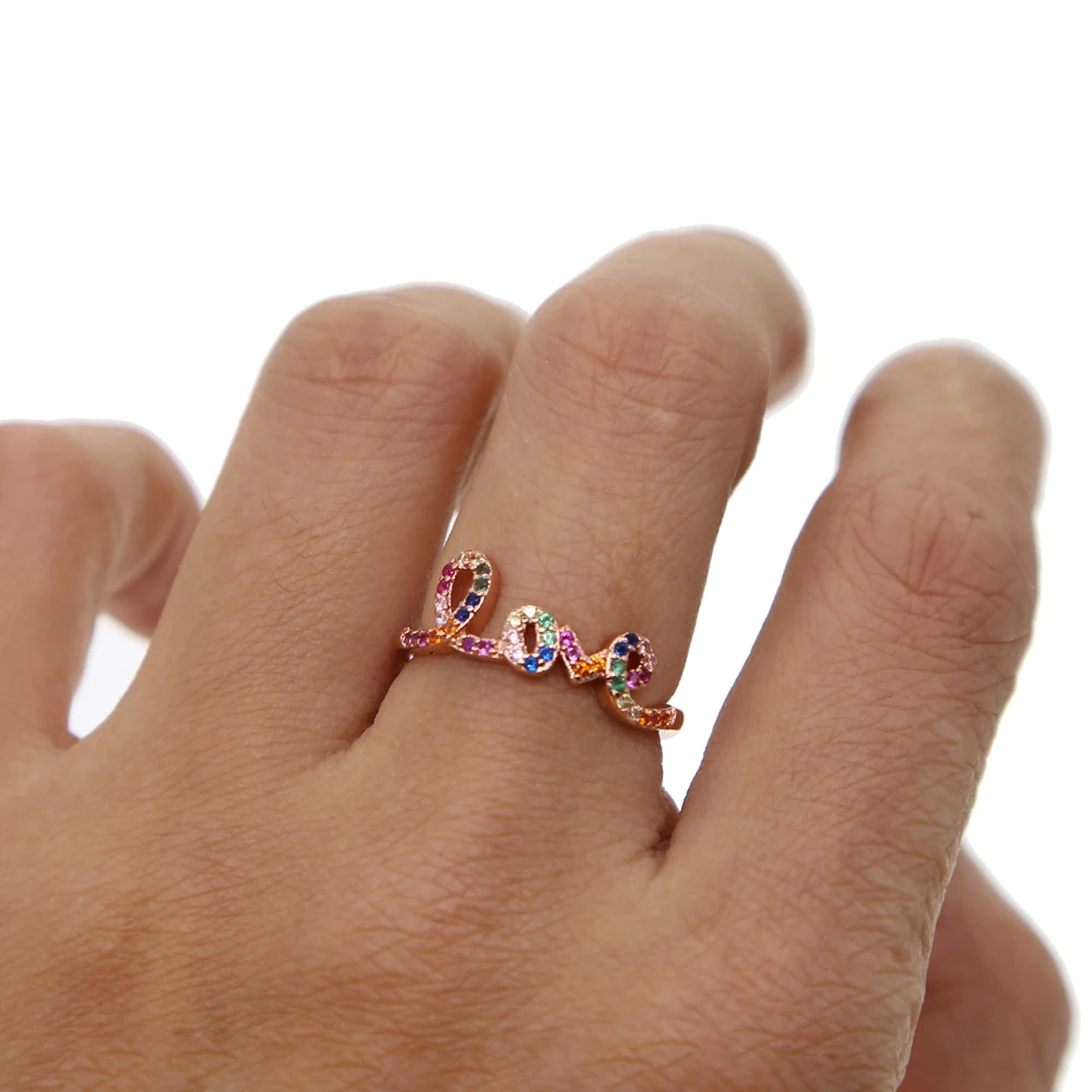 rose gold fashion jewelry classic love letter ring for valentines gift paved rainbow colorful cz rings | Украшения и аксессуары