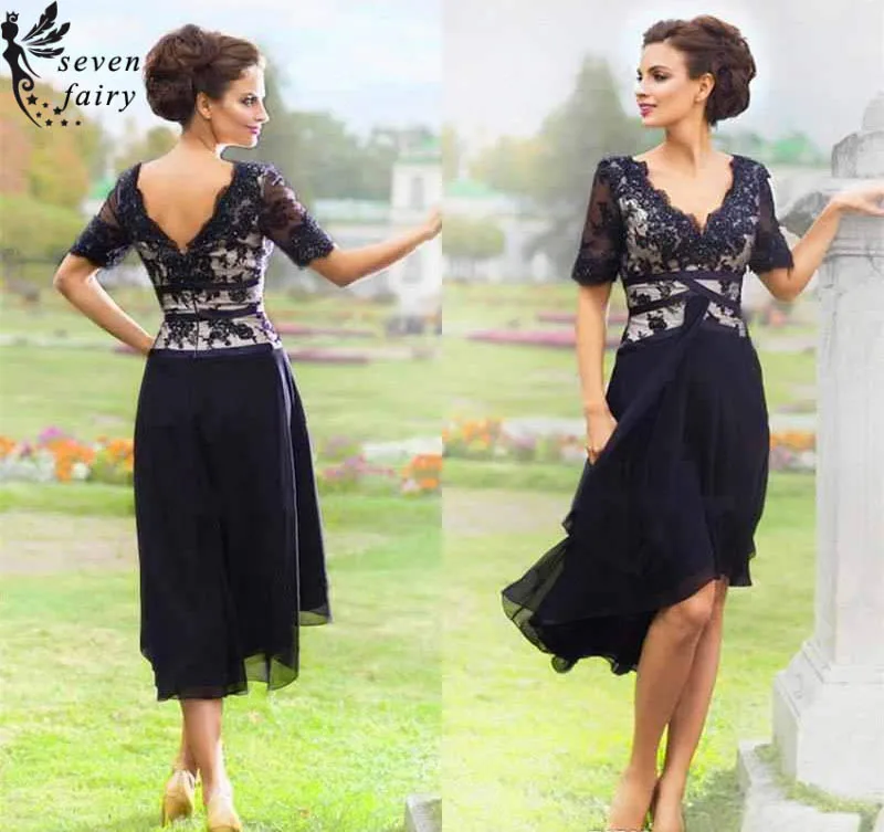 2017 Navy Blue Sexy A-Line Mother Of the Bride Dress Lace Appliques Tulle Half Sleeve Tea-Length V Neck Formal Celebrity | Свадьбы и