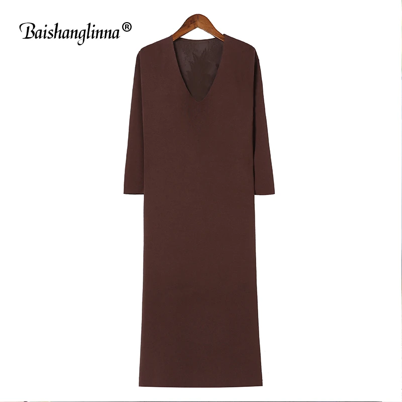 Baishanglinna 2018 Casual Spring and Summer Dress Elegant Women Long Sweater Loose Full Sleeve V Neck Oversized | Женская одежда