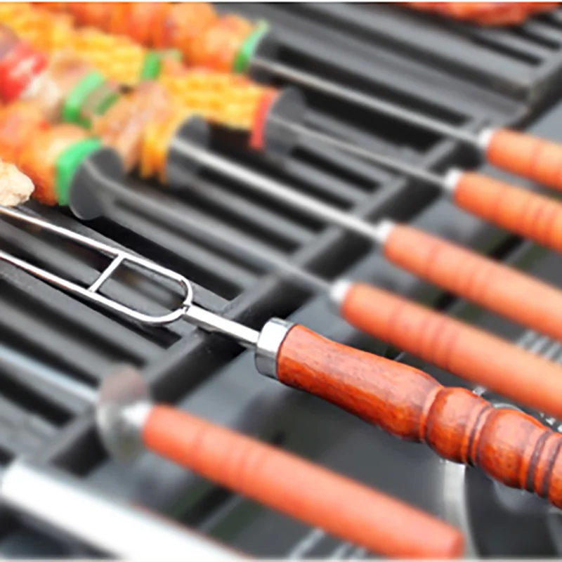 

Новинка 10 шт./компл., игла из нержавеющей стали для барбекю с деревянной ручкой, Шпажки для кемпинга и кухни, столовые инструменты