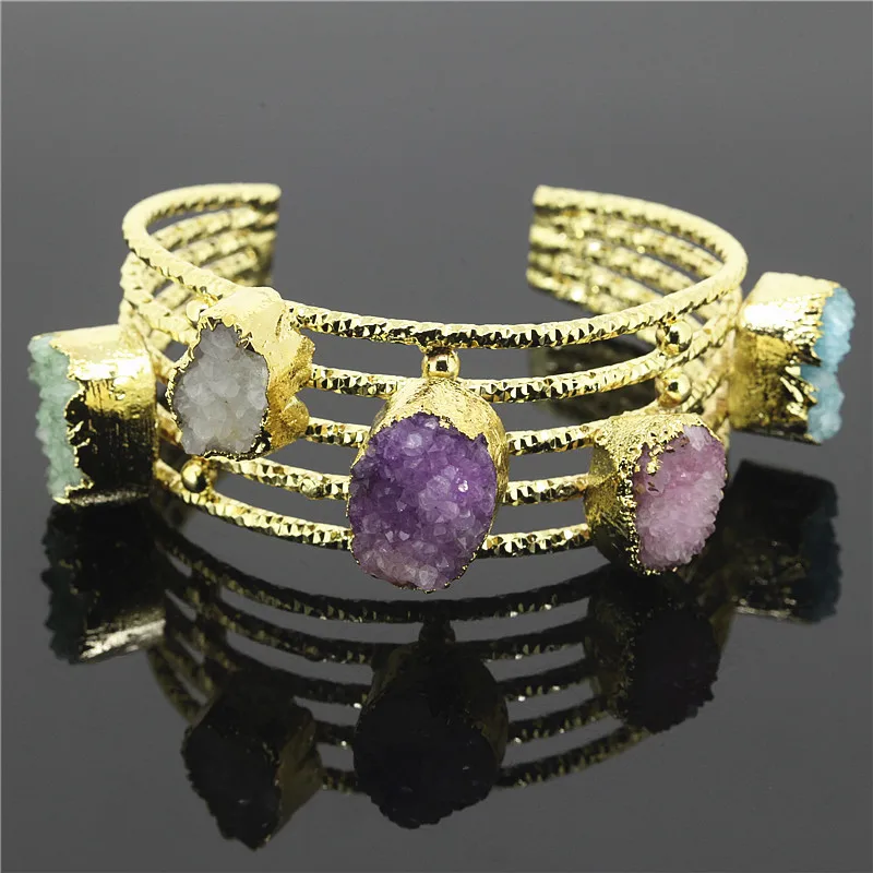 

Fashion Stone Cuff Bangles Colorful Quartz Druzy Stone Opening Cuff Bangle Bracelet Women Jewelry Statement