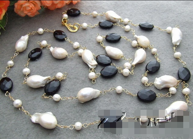 

FREE SHIPPING>>> HOT3384 Bead-Nucleated Pearl&Onyx Necklace