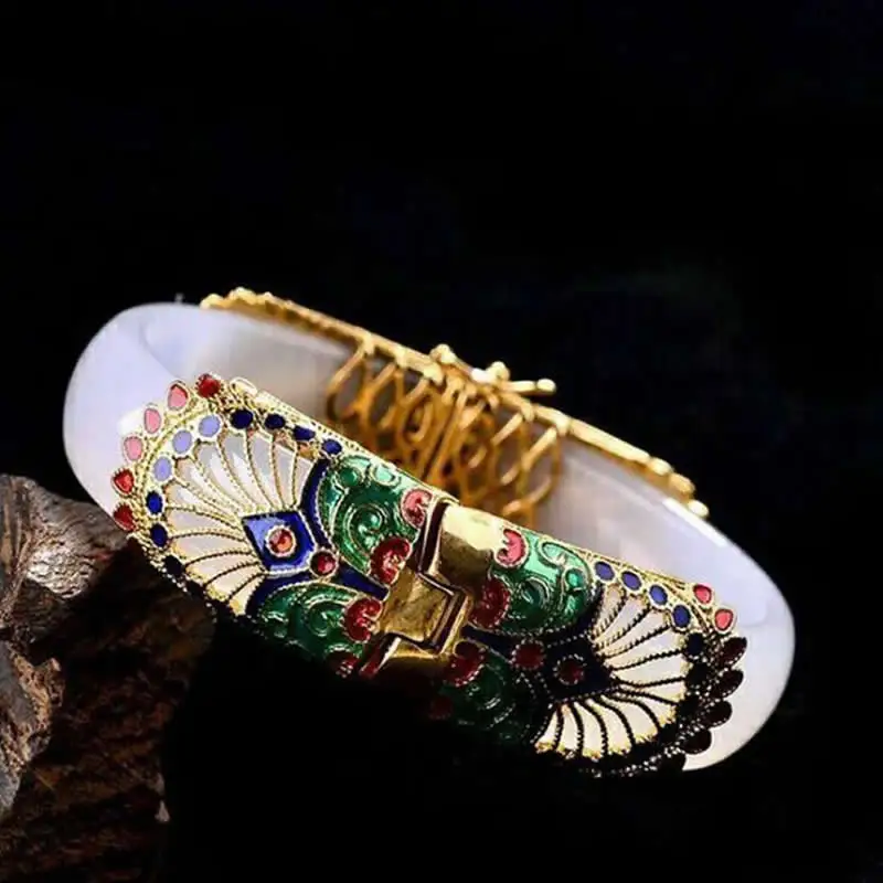 Натуральный китайский A Grade БЕЛЫЙ Jadeite Cloisonne Phoenix женский браслет 62 мм|Браслеты| |
