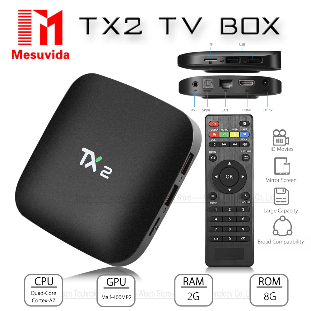 Mesuvida TX2-R2 Android 6 0 Smart tv Box BT2.0 KD плеер 2G 16G ARM Cortex-A7 RK3229 32 бит 2 4 ГГц WiFi 4K x 2K медиаплеер |