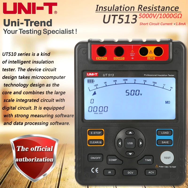 

UNI-T UT513 Insulation Resistance Tester 5000V Automatic Range Digital Megohmmeter Data Storage Polarization Index LCD Backlight