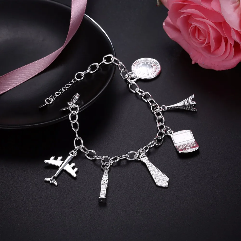 Women's Fashion Jewelry 6.5-8 inch Chain 925 Sterling Silver Alarm clock Alfi Tower aircraft pendants bracelet Cuff Bangle H617 |