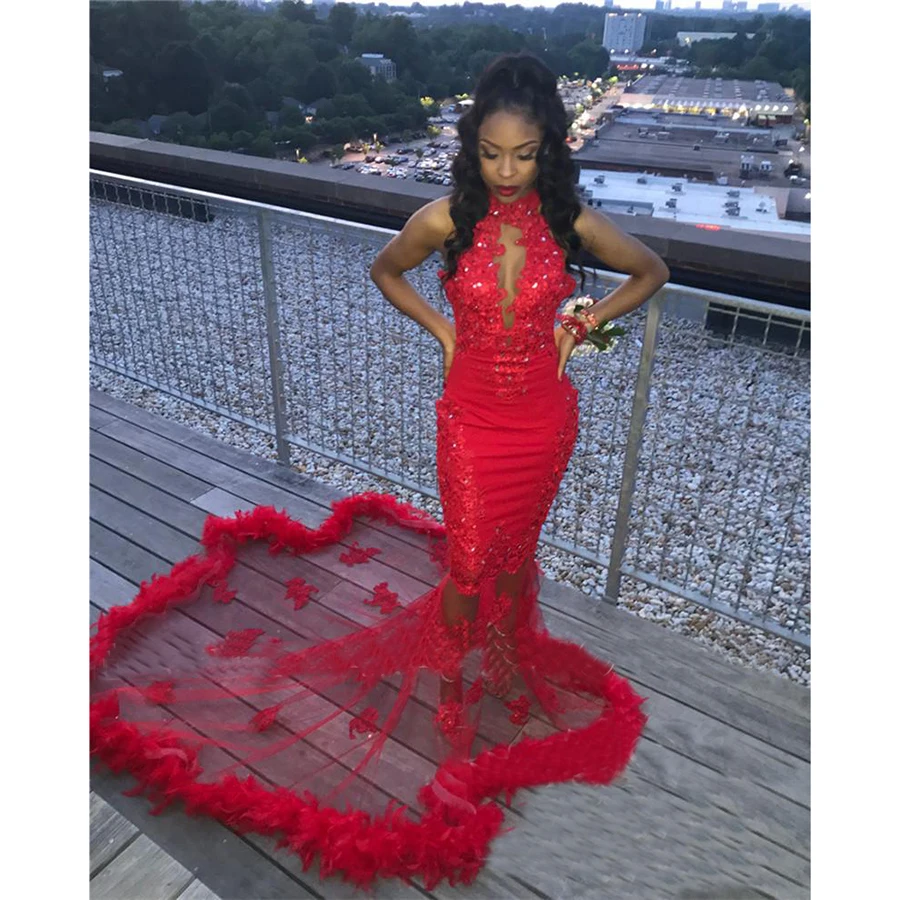 

Sexy Red Feather Mermaid Prom Dresses 2K18 Plus Size Vintage Lace Sequined Beaded African Arabic Girls Dresses Evening Party Gow