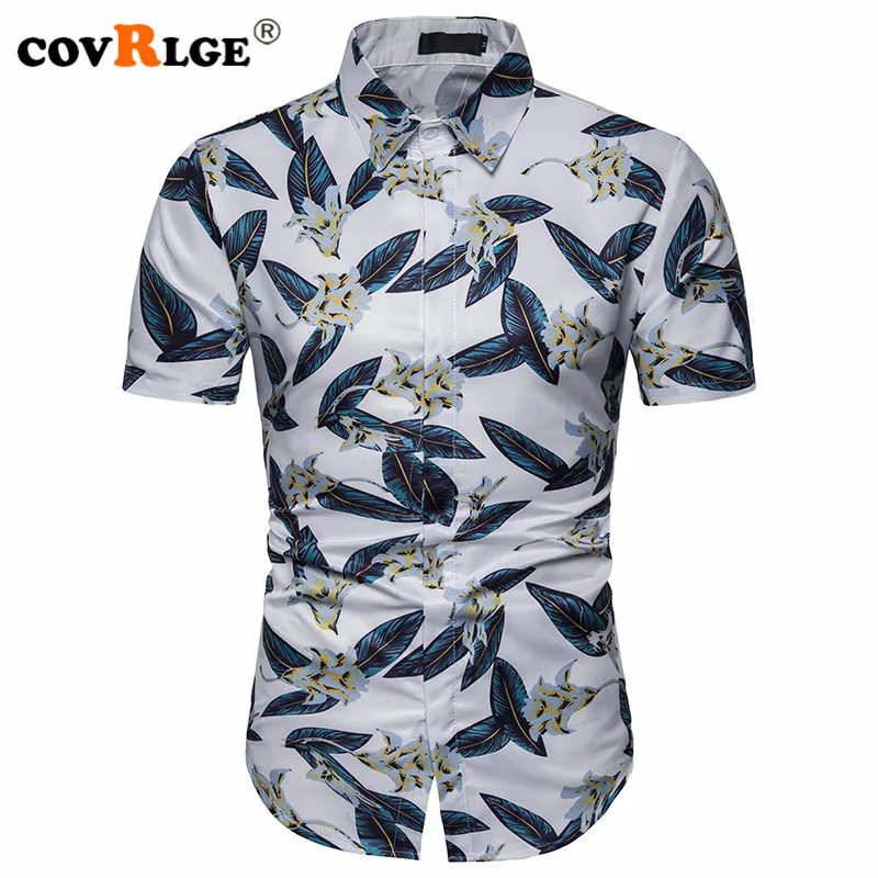 Covrlge Men's Summer Polyester 3D Floral Print Shirt Turn-down Collar Short-sleeved Single Breasted Shirts Beach Shirts MCS092
