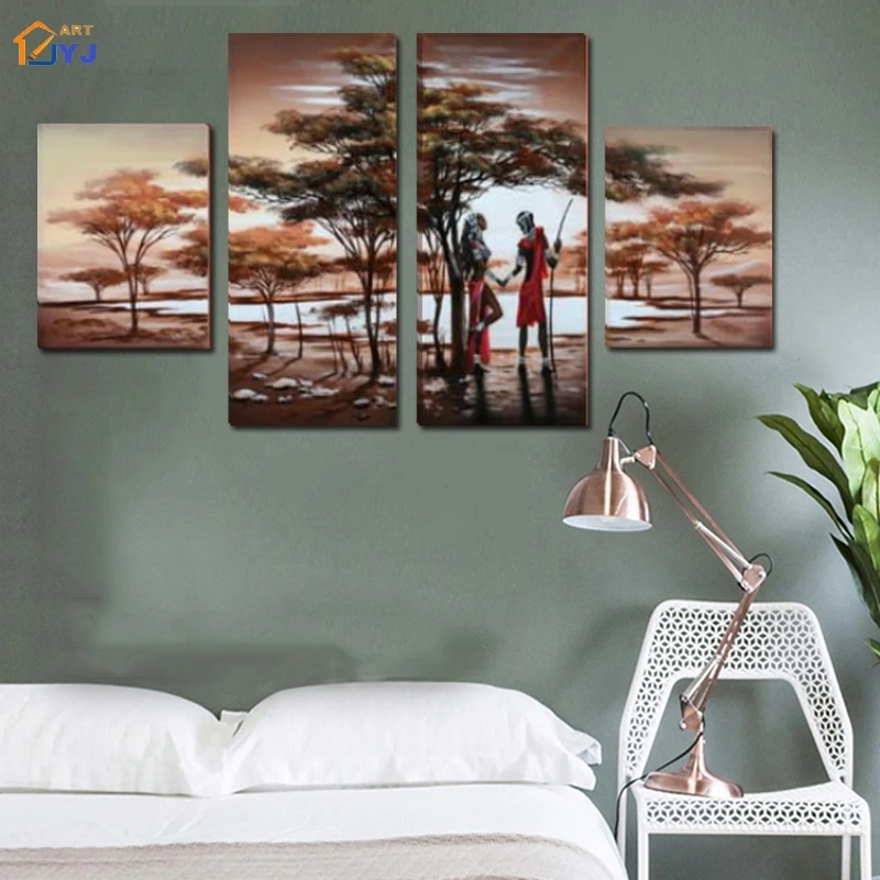 4 панели без рамки Большой Африканский пейзаж картина на стену искусство ручной