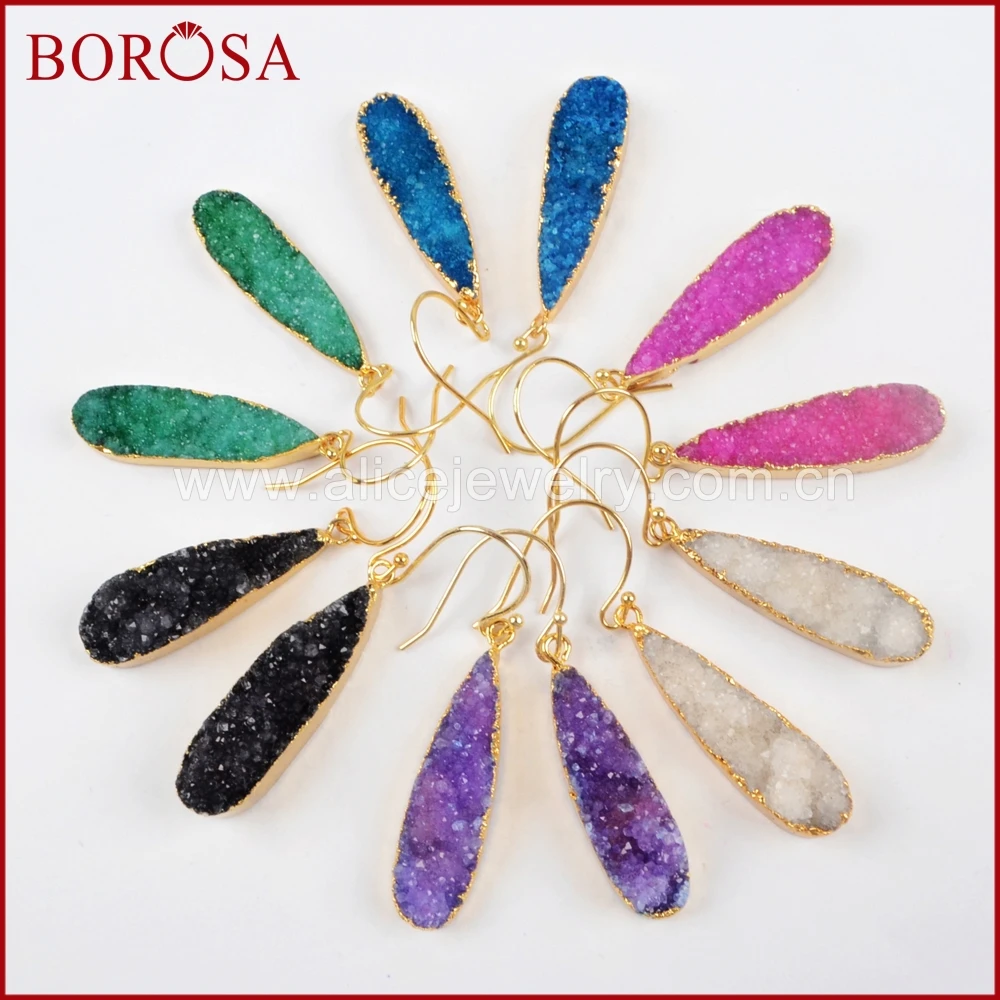 Бороза 5 пар/лот Золотисто-цветные длинные подвесные серьги с радужными кристаллами Друзи Геоды для женщин серьги Друси G0430-E.