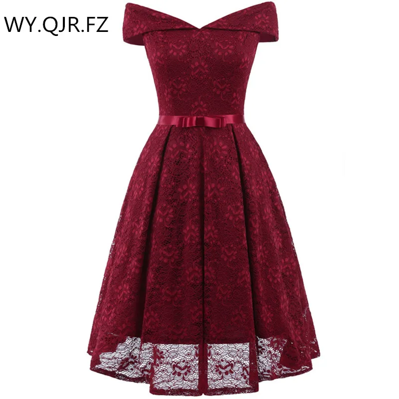 

CD-1603#Wine Red Boat neck Bow Lace Sexy Ping Short Bridesmaid Dresses Bride Toast Wedding Party Dress Gown Prom Wholesale Cloth