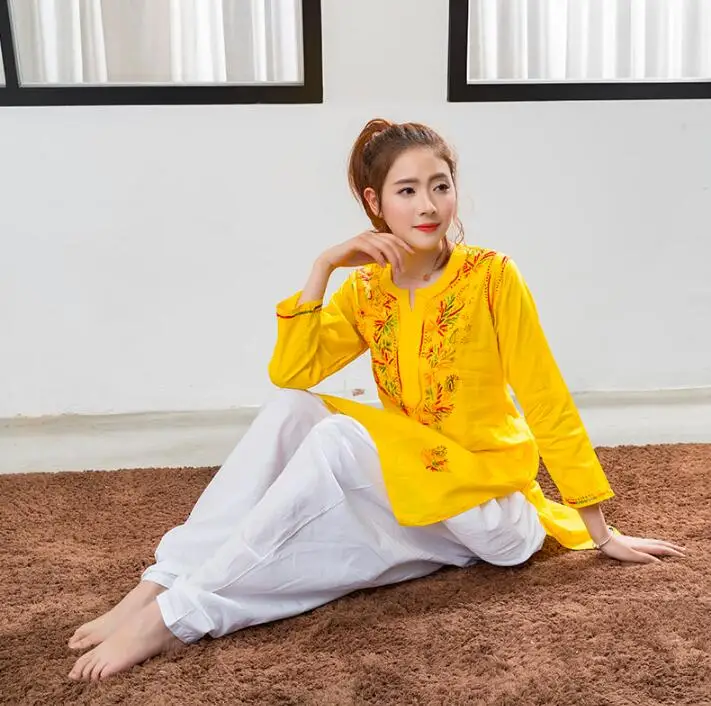 Индийский традиционный Женский костюм для йоги Kurtas брюки хлопковый топ ручной