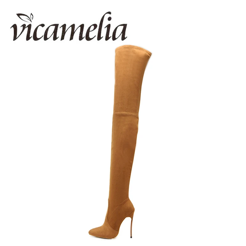 Vicamelia/женские замшевые сапоги на тонком высоком каблуке модные выше колена с