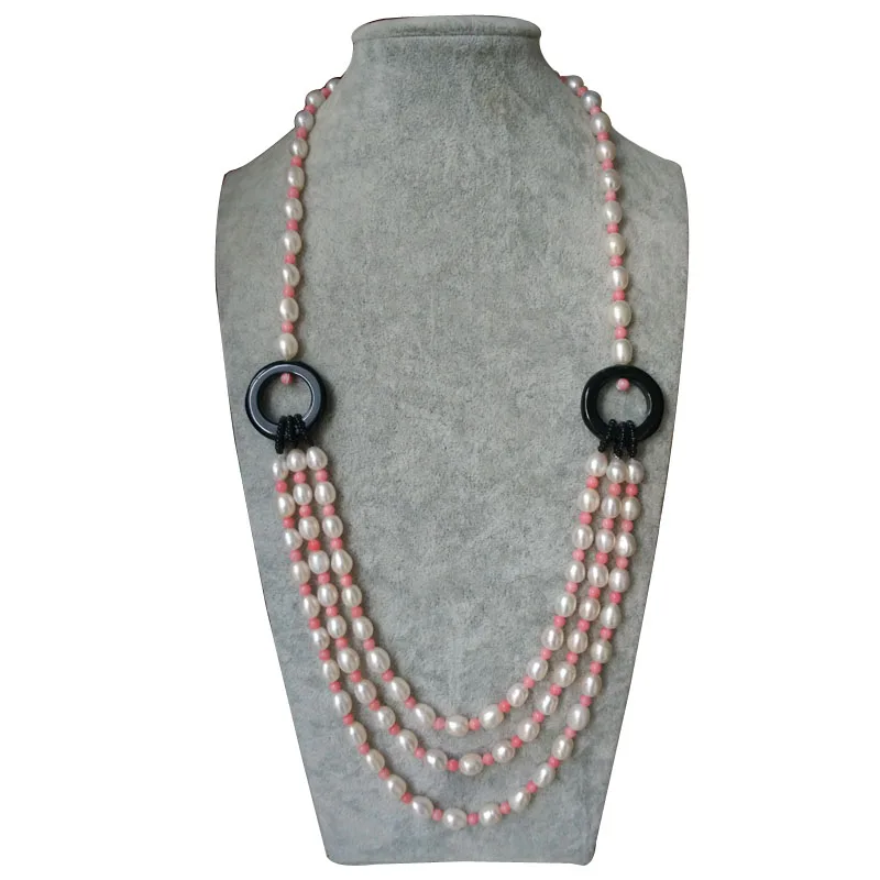 

26-30 inches Three Row Natural White Rice Pearl and Pink Coral Beads Necklace