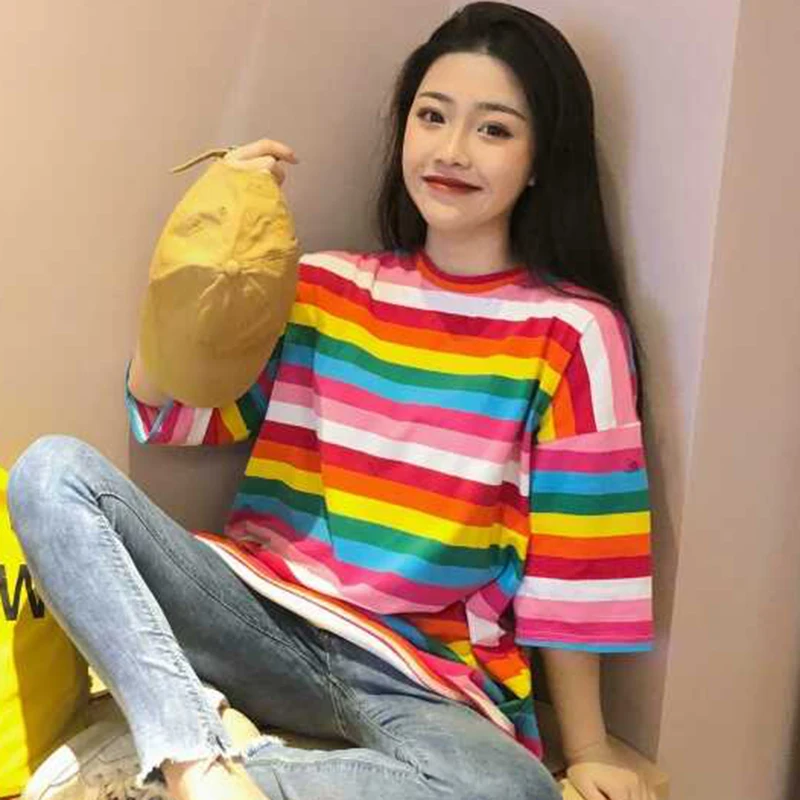

New T Shirt Women Rainbow Striped Tops Harajuku Tshirt Summer Short Sleeve Korean Punk T-shirt camiseta feminina New