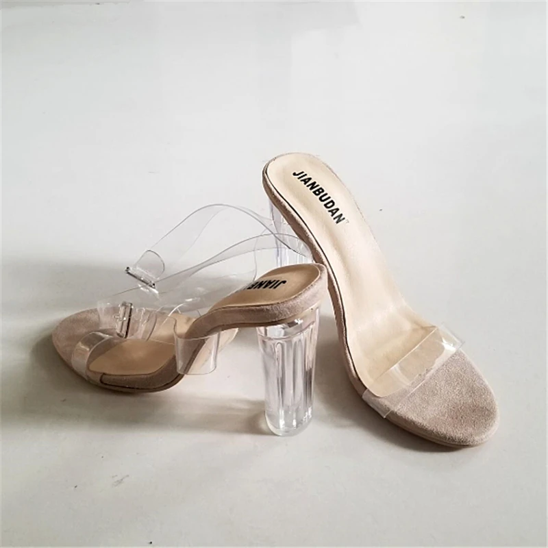 JIANBUDAN/ Transparent sexy High heel sandals women's summer office shoes Ankle buckle Open Toe Pumps 10cm Round Heels sandals
