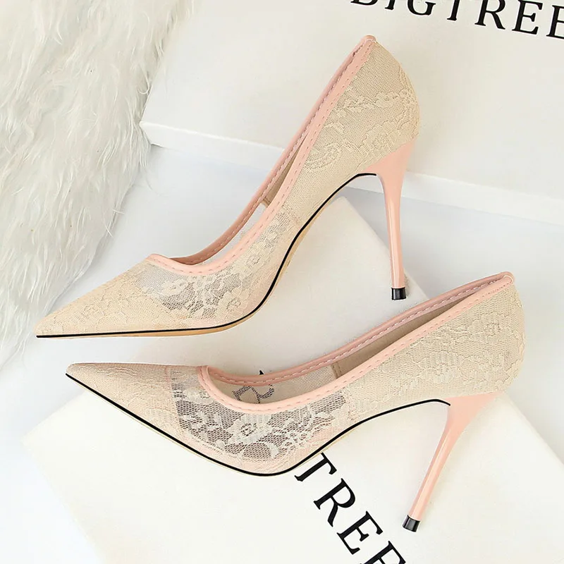 Fashion women's shoes sexy slim high heel stiletto shallow mouth pointed mesh openwork lace banquet wedding heels | Обувь