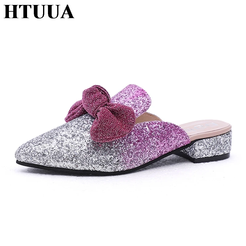 HTUUA 2018 сезон: весна–лето сексуальный острый носок с бантом шлепанцы блестками