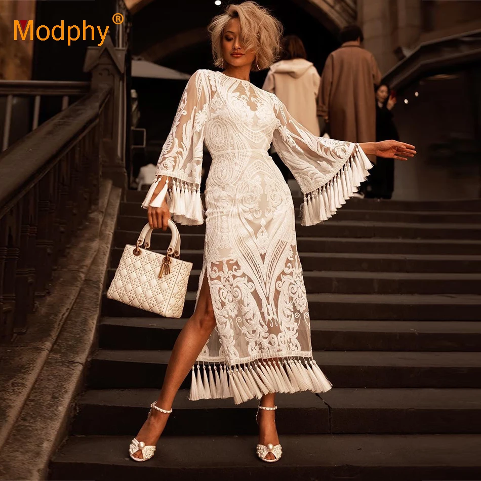 Женское Кружевное облегающее платье Modphy Белое Облегающее с длинными рукавами и