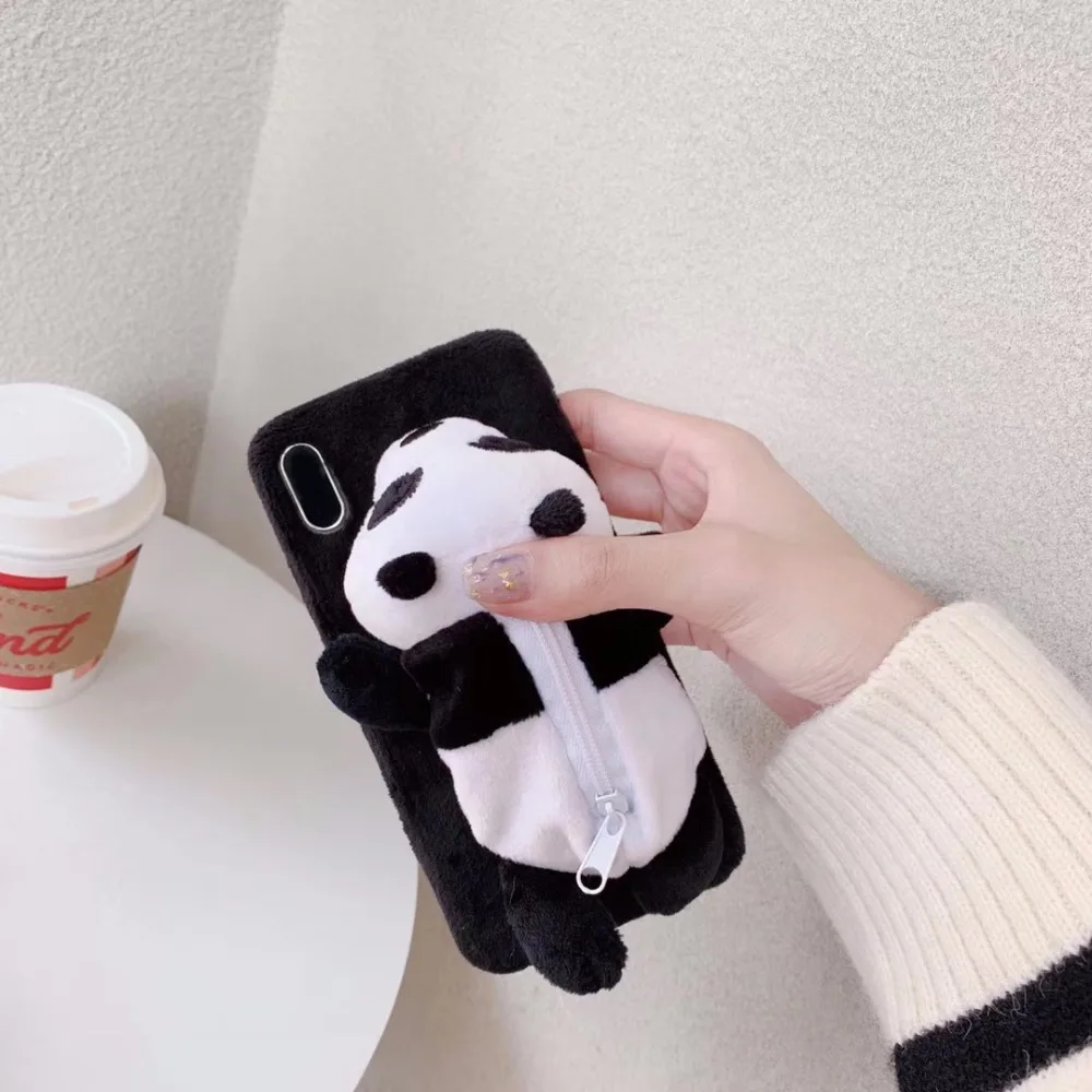 Для IPhone милый пушистый мех кролика теплый плюшевый мех 3D Белый медведь и панда игрушка кукла Новинка портмоне на молнии мягкий чехол из ТПУ
