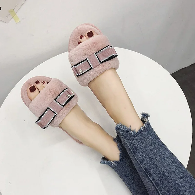 HEE GRAND Women 2019 Winter Indoor Slippers Causal Shoes Slip on with Bow-cot Pearl Warm Women's Mujer XWT1401 | Обувь