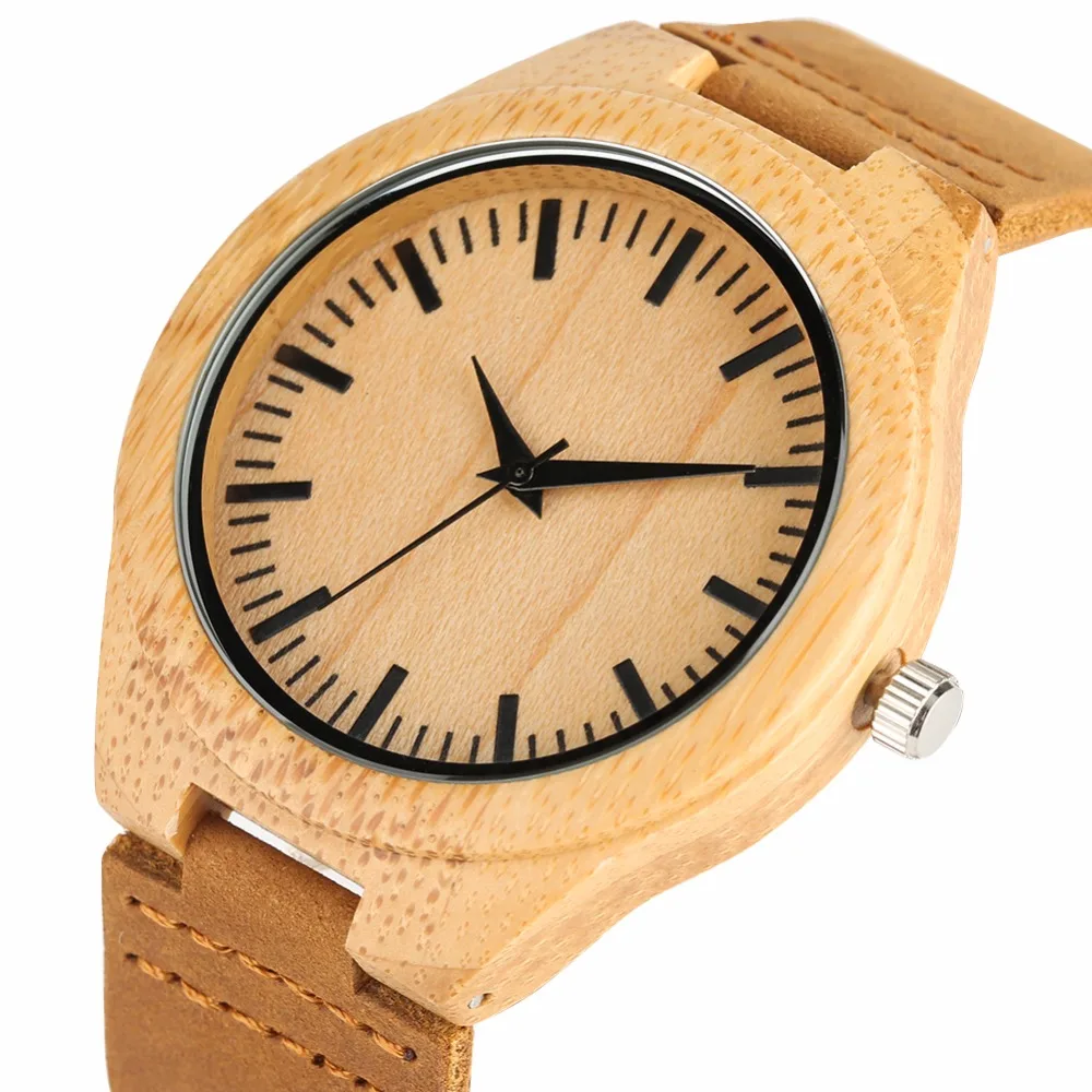 Bamboo Wooden Watches Genuine Leather Band Creative Men Wrist Watch Luxury Fashion Stripe Dial Wood Clock Gifts for Male black ink world map dial watch natural bamboo wood watch fashion casual leather men quartz analog round wristwatches clock male
