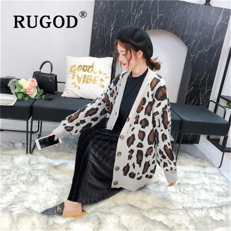 RUGOD винтажный Новый женский леопардовый вязаный кардиган модный однобортный