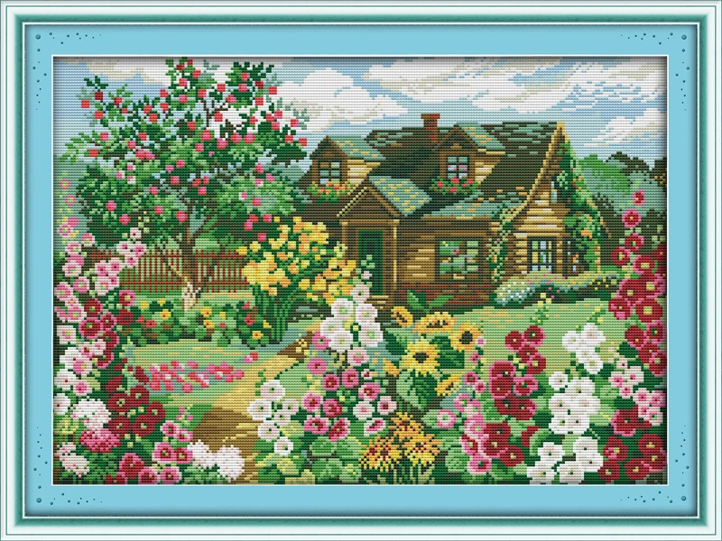 

Country cottage cross stitch kit 18ct 14ct 11ct count printed canvas stitching embroidery DIY handmade needlework