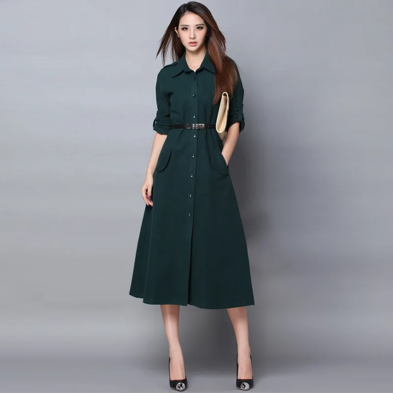 2015 Autumn Women's New Green Single-Breasted Slim Thin Long Casual Woolen Shirt Dress | Женская одежда