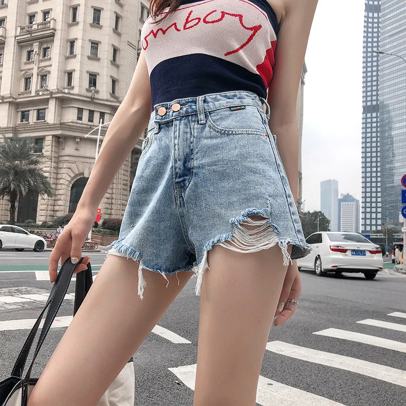 Xisteps Summer Hot High Waist Ripped Holes Women Short Jeans Loose Sexy Street Wear A-line Shorts Wide Leg Plus Size 2021