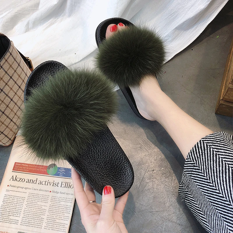 grass green ZDFURS/; модные шлепанцы с лисьим мехом; шлепанцы без задника с натуральным мехом; Летние вьетнамки; повседневные Модные босоножки с лисьим мехом; модная плюшевая обувь; - Цвет: grass green