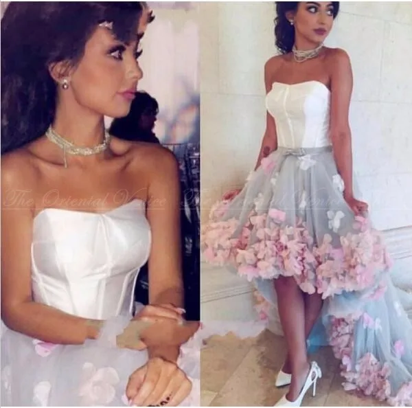 

Hi Low White Evening Dresses 2019 A-line Ball Gown Sweetheart Tulle Flower Islamic Dubai Saudi Arabic Long Formal Evening Gown