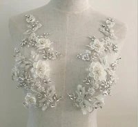 1 pair exquisite 3d rhinestone beaded bridal lace applique for wedding sash bridal belt hair flower boutique