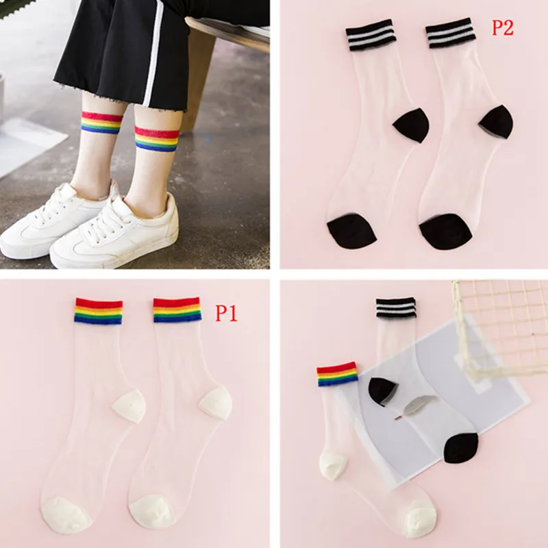 

Women Summer Fashion Thin Ankle Socks Transparent Rainbow Striped Short Socks Hipster Art Socks