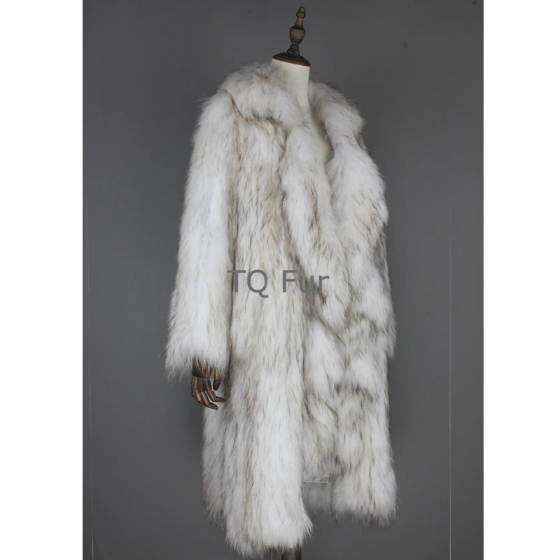 Winter Women Overcoat Knit Raccoon Fur X-Long Coat With Falbala Collar Full Sleeves Outerwear Natural