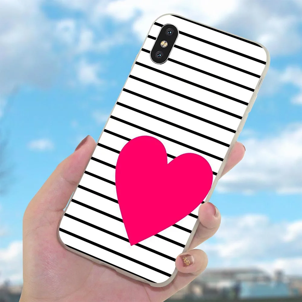 Case for iPhone 7 Pink stripe heart Love rose flower Cover 8 Plus Covers Xs Max X 6 6S 5S 5 SE XR Cases Silicone | Мобильные