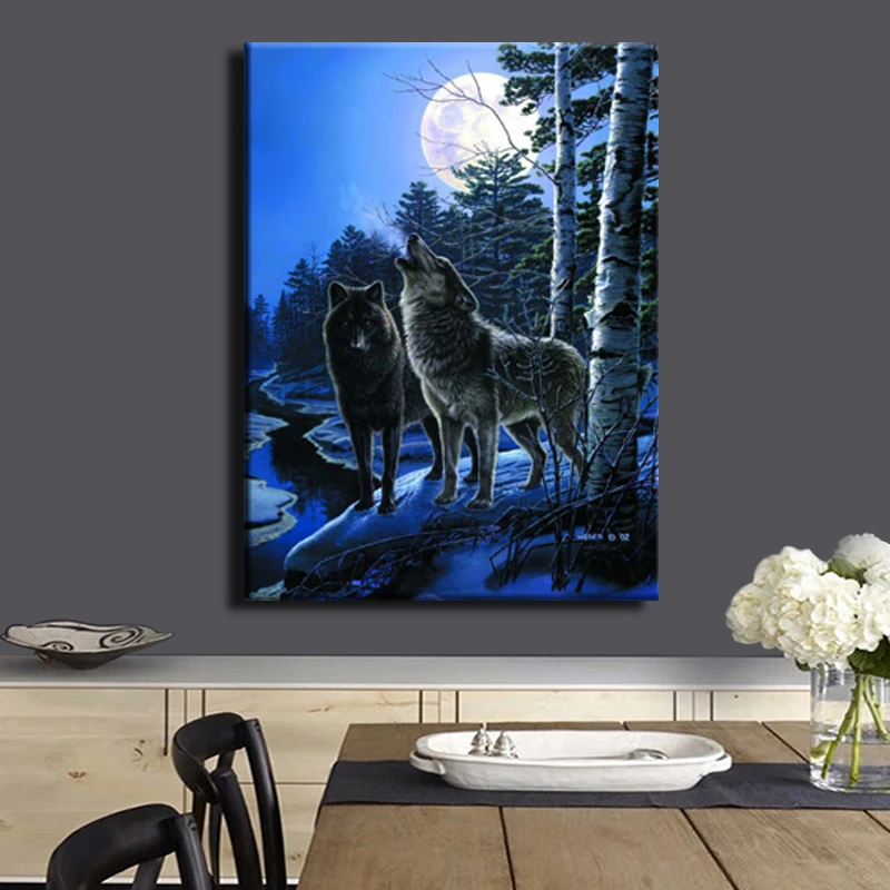 Картина маслом на холсте с принтом лунного света животное поп-Волк ястреб