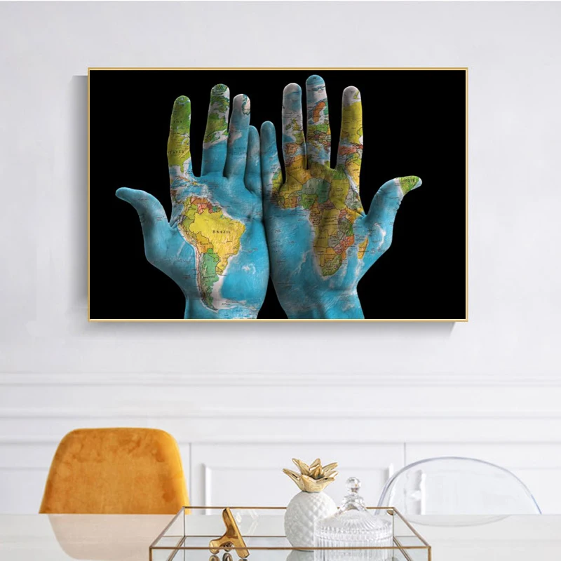 

Canvas Painting Wall Art Picture Prints Creative Wall Pictures World Map on Hands for Living Room Home Decor Posters and Prints