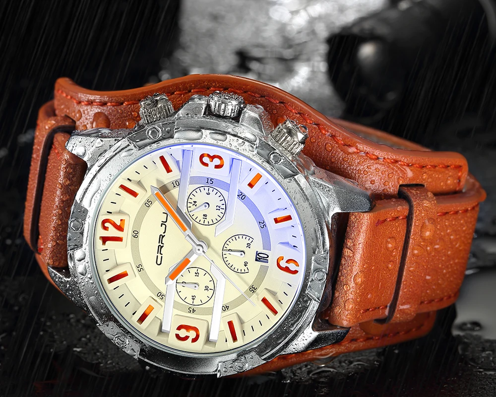 

Relogiio Masculino CRRJU Men's Military Sport Quartz Watch Male Waterproof Chronograph Clock Fashion Casual Leather Watches