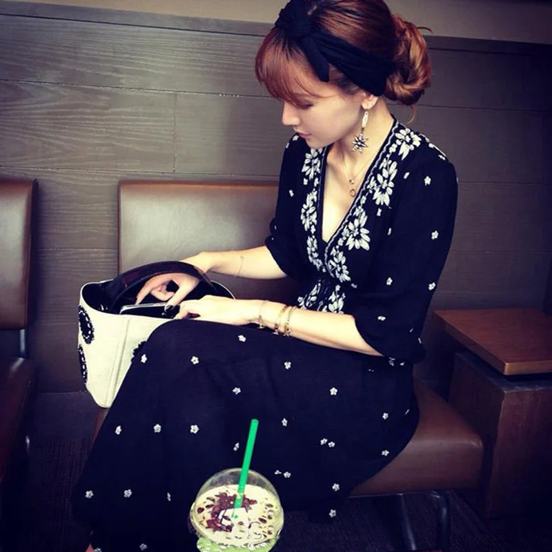 Женское этническое вышитое v-образным вырезом свободное хлопковое длинное