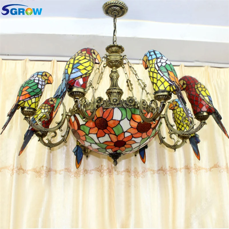 SGROW Hand-made Glass Parrot Lampshade Lights for Bedroom Living Room Modern Led Chandeliers Tiffany Lamp Indoor Light Fixtures | Лампы и