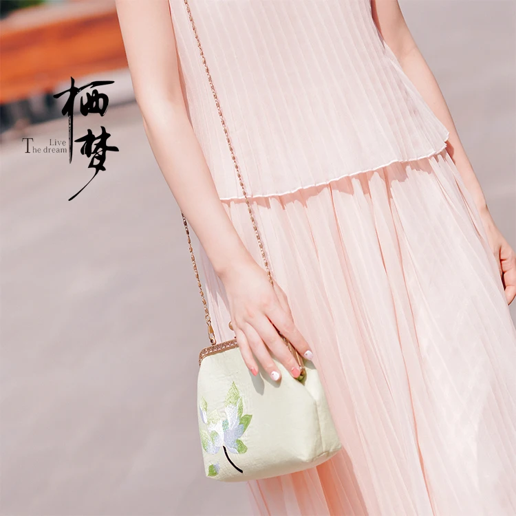 

Angelatracy 2019 New Arrival Embroidery Floral Flower Lotus Green Chinese Style National Women Shoulder Bag Crossbody Bag Totes