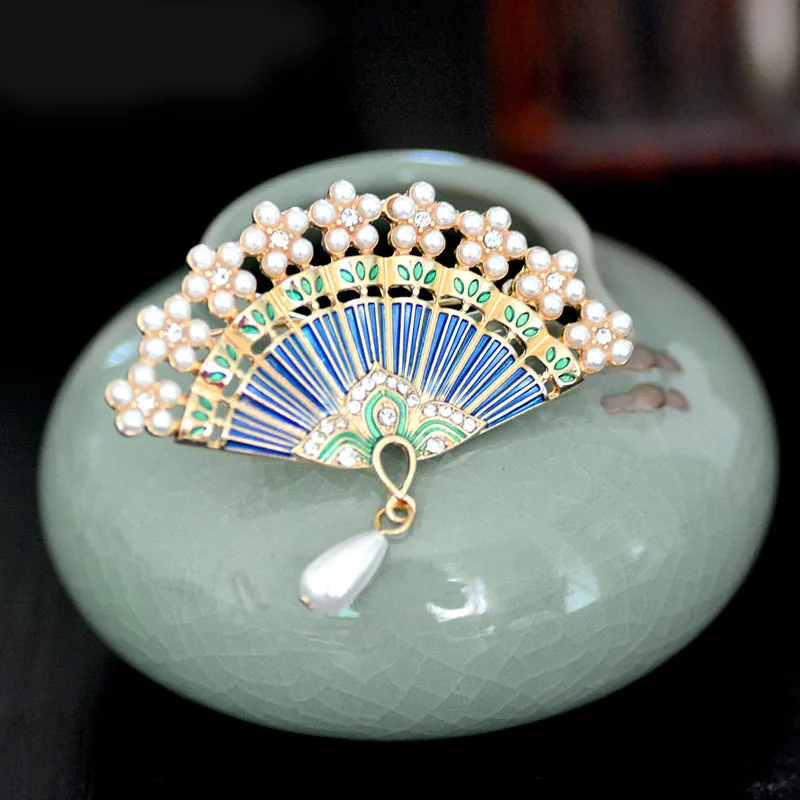 KingDeng Brooch Chinese Style Pearl Gifts for Women Personality Jewelry Unisex Vintage Zinc Alloy Brooches Fan Colorful | Украшения и