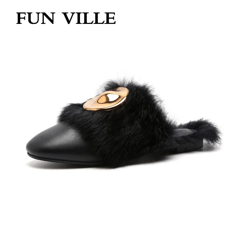 

FUN VILLE Black Beige Women Winter warm Slippers New Fashion Women shoes Genuine Leather Flat Slippers sexy ladies shoes