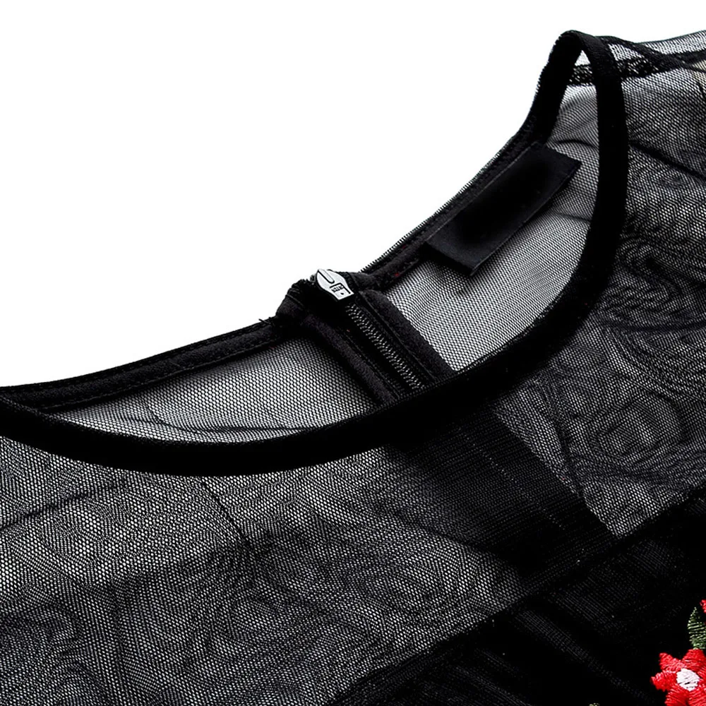 2017 женщины mesh платье с коротким рукавом белой mid вышивка черный летнее