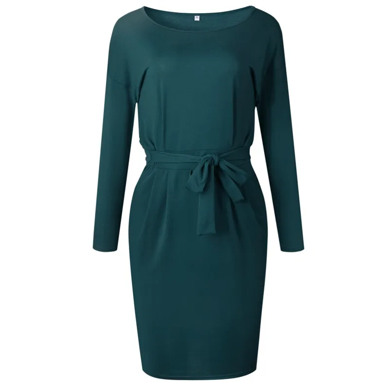 0997 Dark Green Новинка, Осеннее женское платье средней длины из хлопка, Повседневное платье с длинным рукавом и круглым вырезом, черное, синее платье размера плюс, женское облегающее платье с карманами - Цвет: 0997 Dark Green
