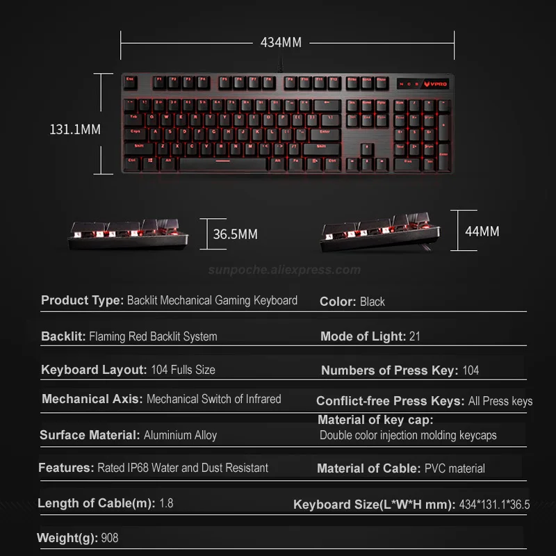 Игровая механическая клавиатура Rapoo V580 с 104 клавишами двойной цветной впрыск